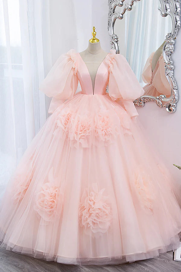 Pink V-Neck Tulle Long Prom Dress A-Line Puff Sleeve Princess Dress
