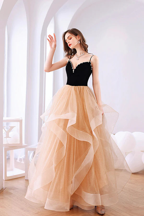 Stylish V-Neck Tulle Layers Long Formal Dress Cute A-Line Prom Dress