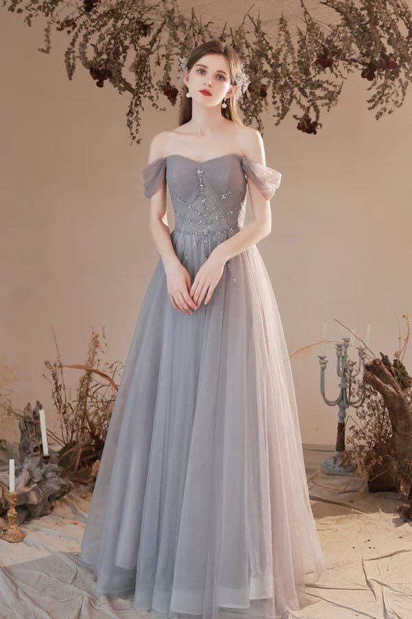 Gray Beaded Sweetheart Long Evening Prom Dress Beautiful Gray Party Dress