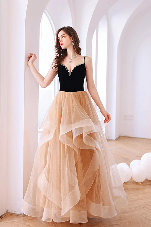 Stylish V-Neck Tulle Layers Long Formal Dress Cute A-Line Prom Dress