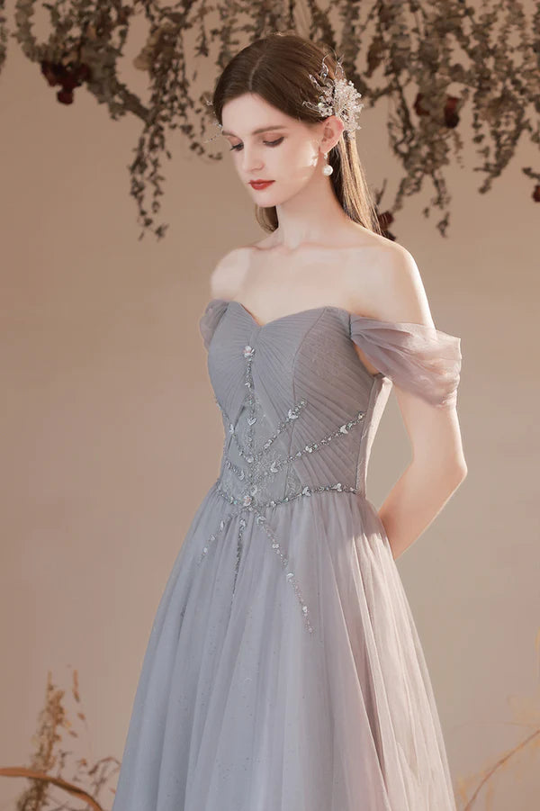 Gray Beaded Sweetheart Long Evening Prom Dress Beautiful Gray Party Dress