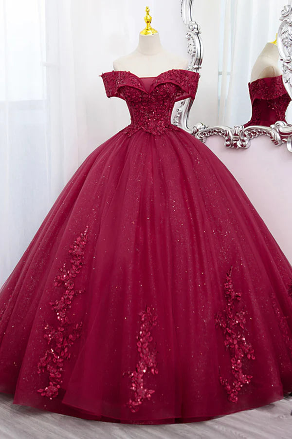 Burgundy Sweet 16 Formal Gown with Lace Off the Shoulder Prom Dress Party Dress