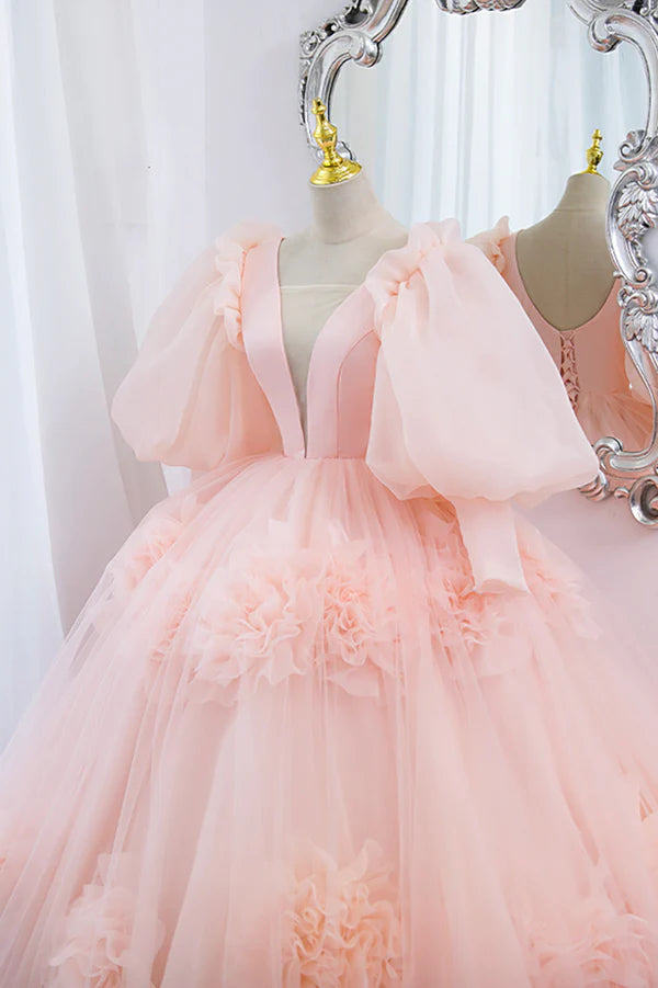 Pink V-Neck Tulle Long Prom Dress A-Line Puff Sleeve Princess Dress