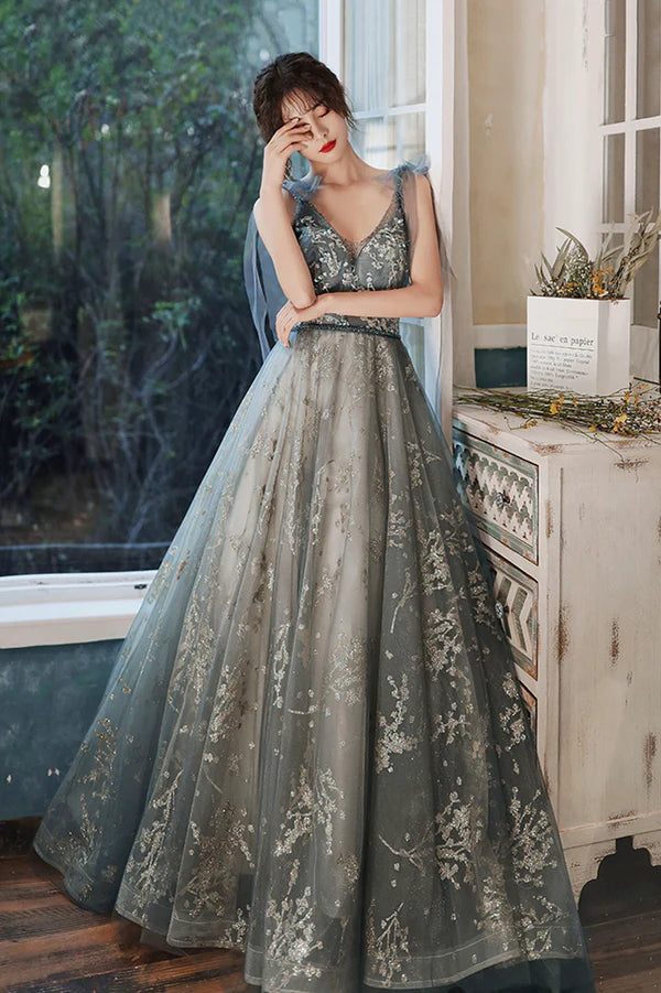 Gray V-Neck Tulle Long Prom Dress with Sequins A-Line Graduation Dress