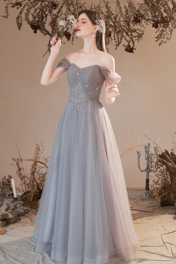 Gray Beaded Sweetheart Long Evening Prom Dress Beautiful Gray Party Dress