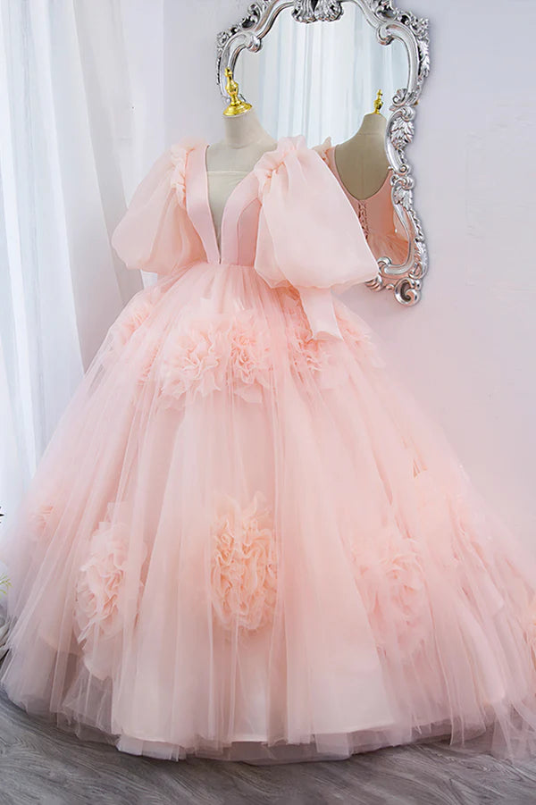 Pink V-Neck Tulle Long Prom Dress A-Line Puff Sleeve Princess Dress