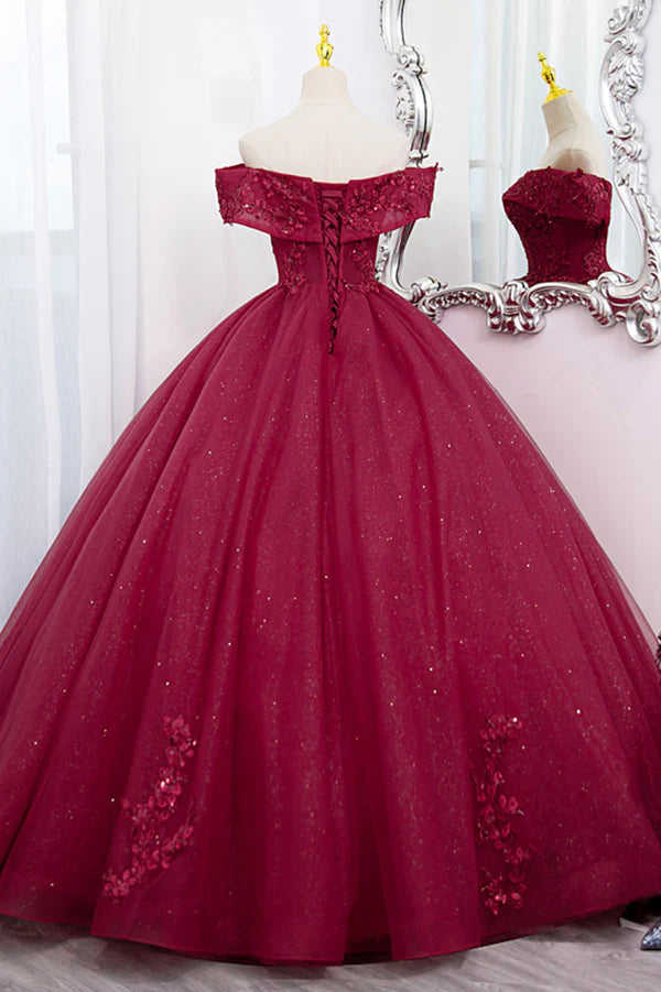 Burgundy Sweet 16 Formal Gown with Lace Off the Shoulder Prom Dress Party Dress