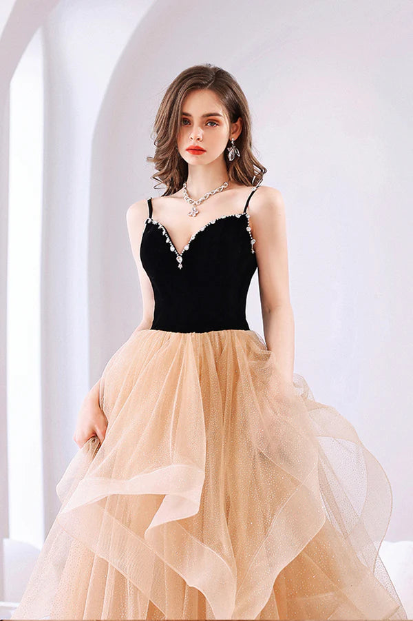 Stylish V-Neck Tulle Layers Long Formal Dress Cute A-Line Prom Dress