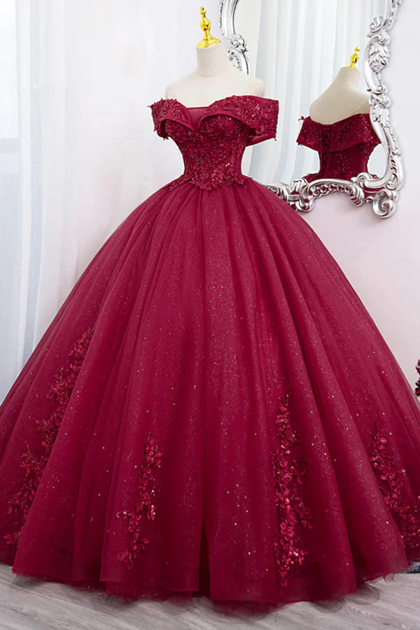 Burgundy Sweet 16 Formal Gown with Lace Off the Shoulder Prom Dress Party Dress