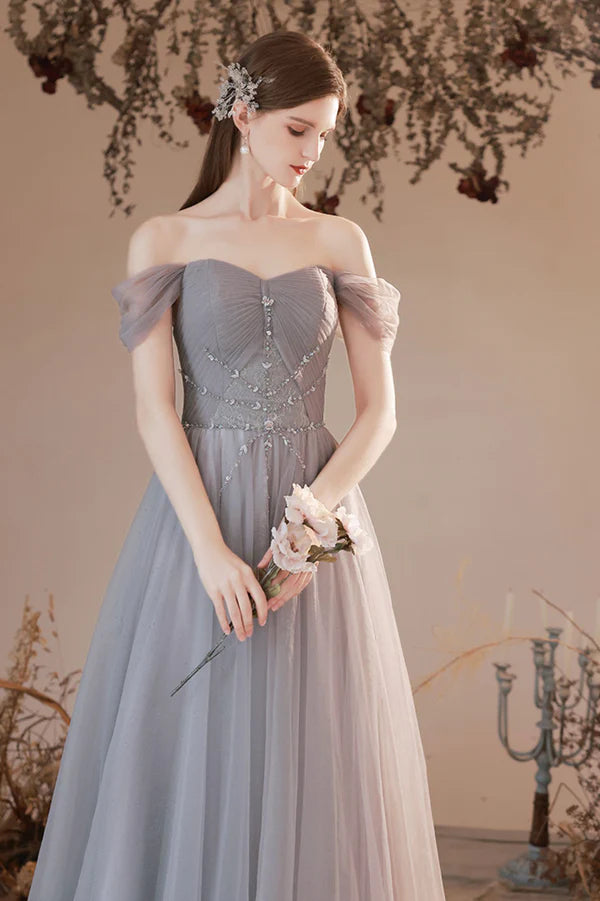 Gray Beaded Sweetheart Long Evening Prom Dress Beautiful Gray Party Dress
