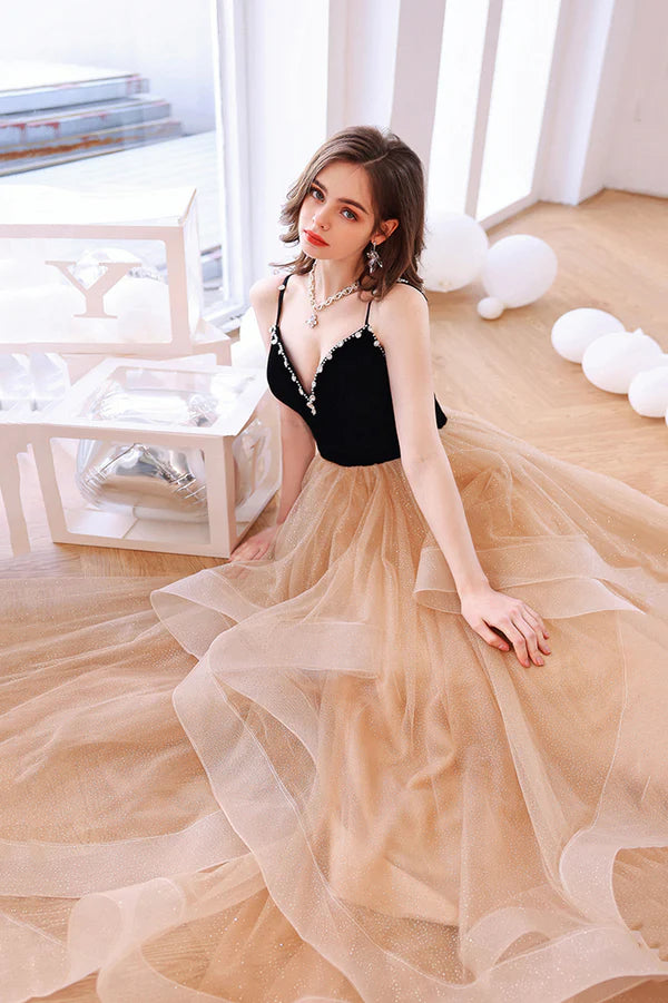 Stylish V-Neck Tulle Layers Long Formal Dress Cute A-Line Prom Dress