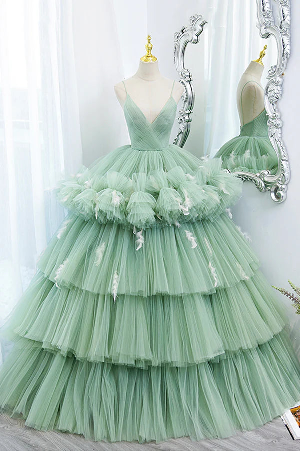 Green Tulle Long A-Line Prom Dress Green V-Neck Formal Evening Gown