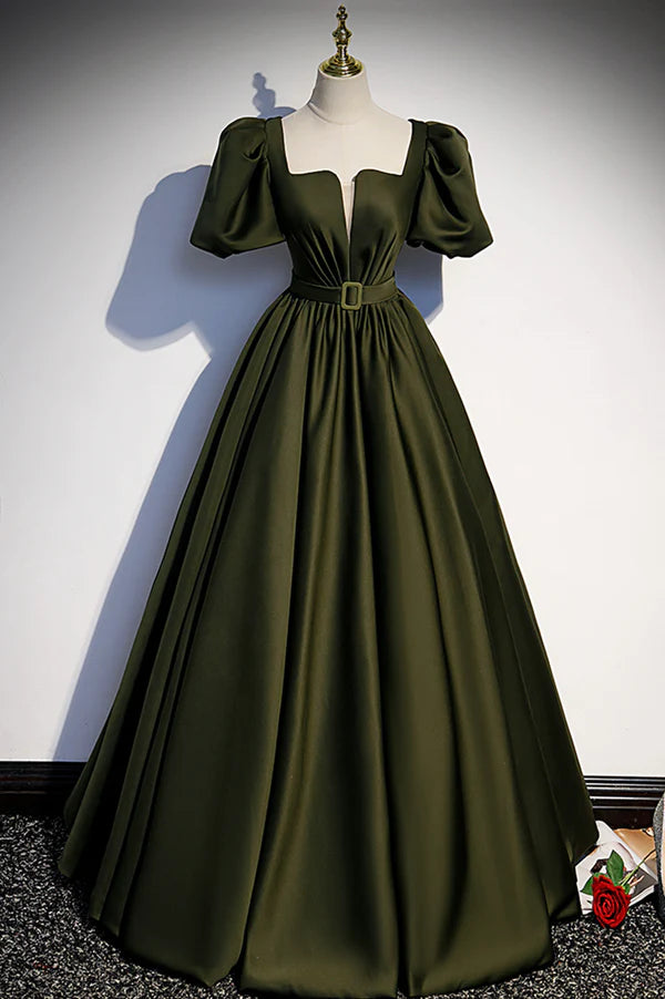 A-Line Satin Long Prom Dress Dark Green Short Sleeve Evening Graduation Dress