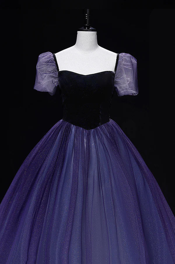 Purple Tulle Long A-Line Prom Dress Purple Short Sleeve Princess Dress