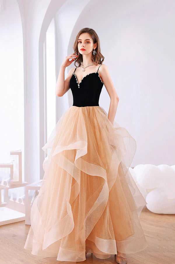Stylish V-Neck Tulle Layers Long Formal Dress Cute A-Line Prom Dress