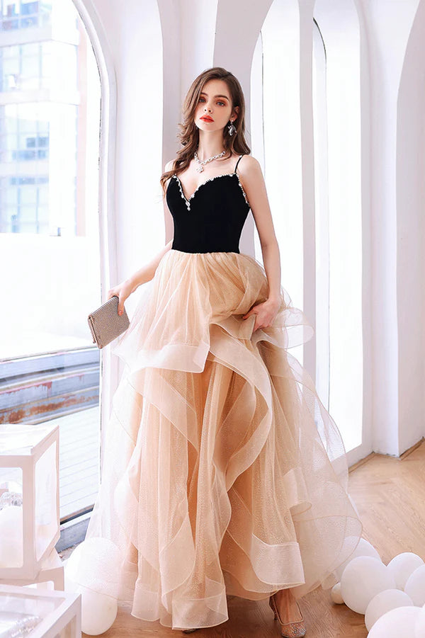 Stylish V-Neck Tulle Layers Long Formal Dress Cute A-Line Prom Dress