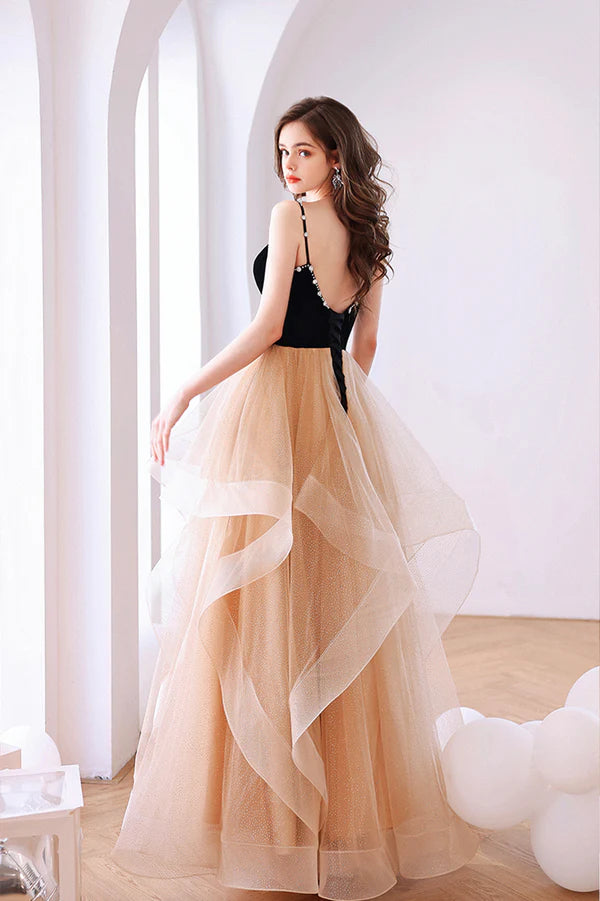 Stylish V-Neck Tulle Layers Long Formal Dress Cute A-Line Prom Dress