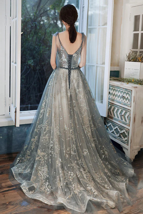 Gray V-Neck Tulle Long Prom Dress with Sequins A-Line Graduation Dress