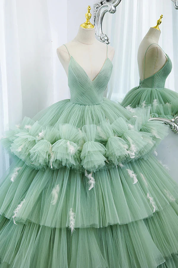 Green Tulle Long A-Line Prom Dress Green V-Neck Formal Evening Gown