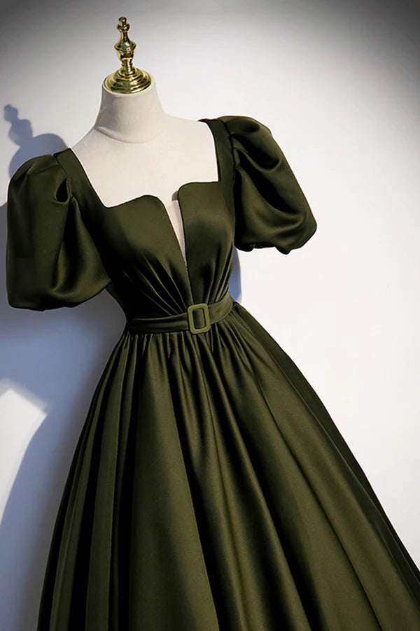 A-Line Satin Long Prom Dress Dark Green Short Sleeve Evening Graduation Dress
