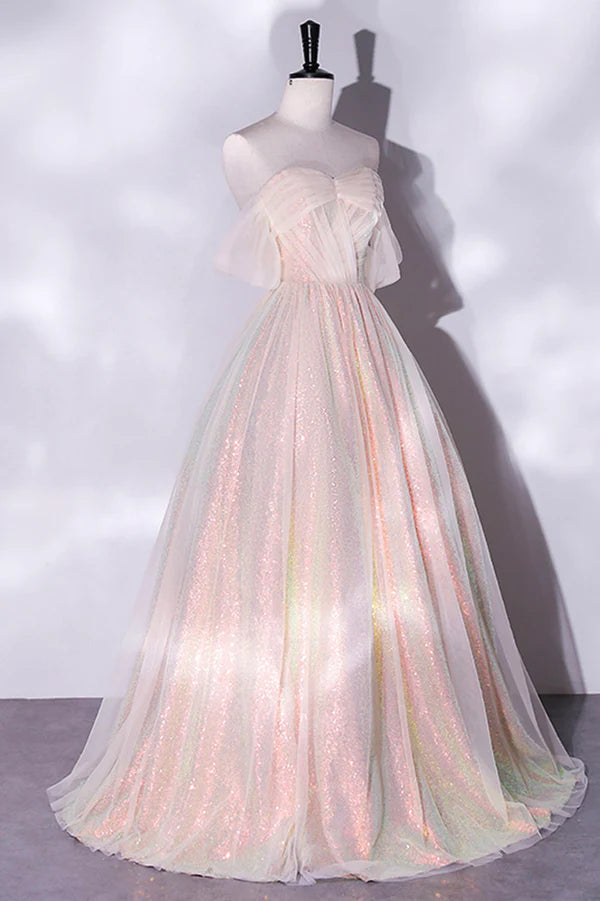 Champagne Sequins Long A-Line Prom Dress Off the Shoulder Evening Party Dress