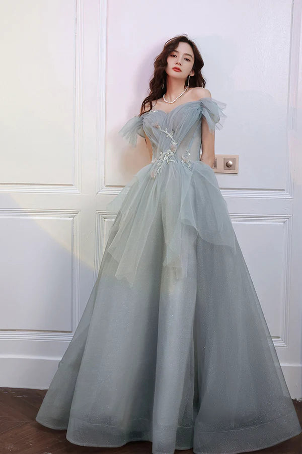 Gray Tulle Long A-Line Prom Dress Off the Shoulder Evening Party Dress
