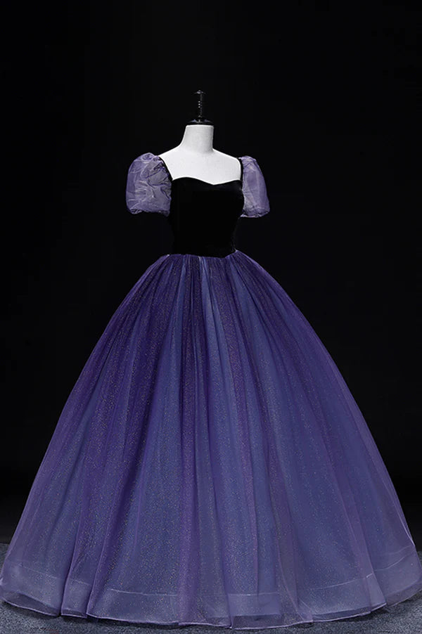 Purple Tulle Long A-Line Prom Dress Purple Short Sleeve Princess Dress