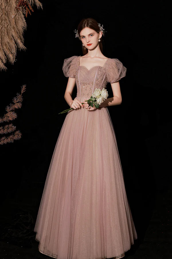 Pink Tulle Long A-Line Prom Dress with Beaded Cute Short Sleeve Evening Dress