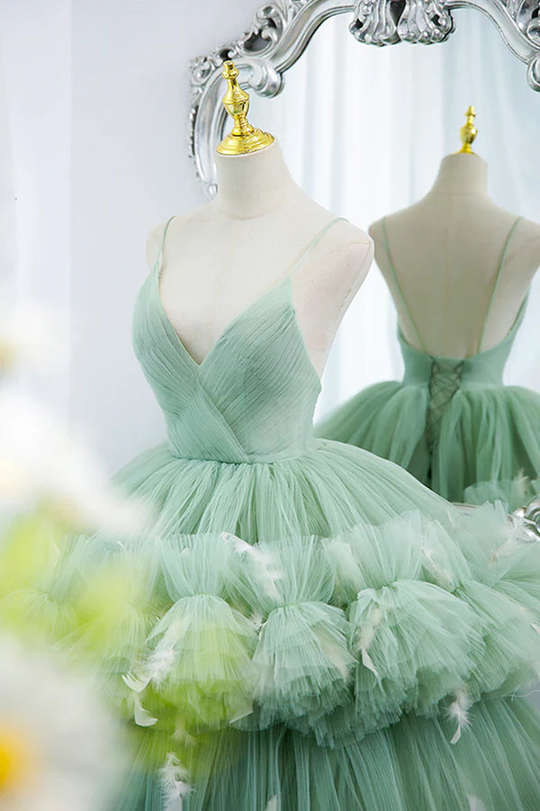 Green Tulle Long A-Line Prom Dress Green V-Neck Formal Evening Gown