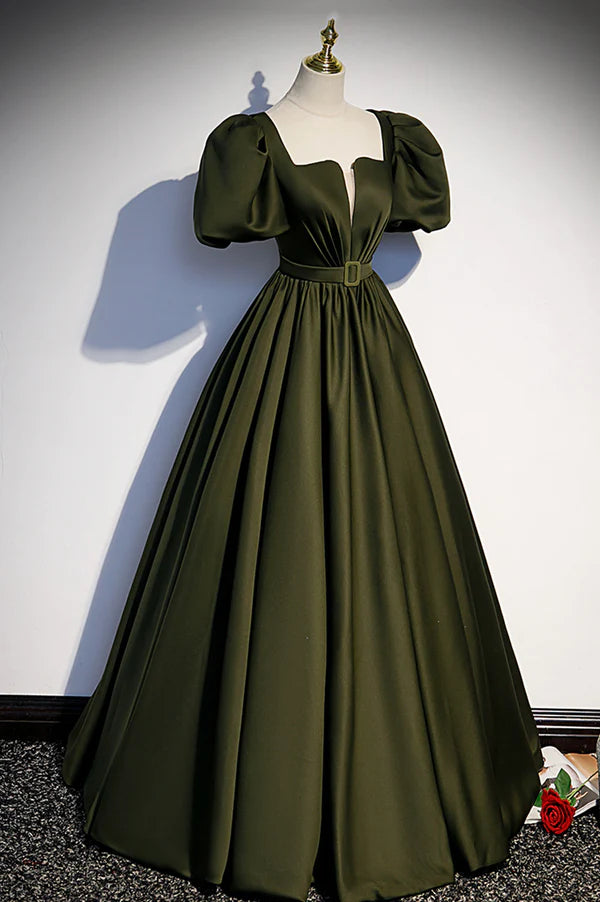 A-Line Satin Long Prom Dress Dark Green Short Sleeve Evening Graduation Dress