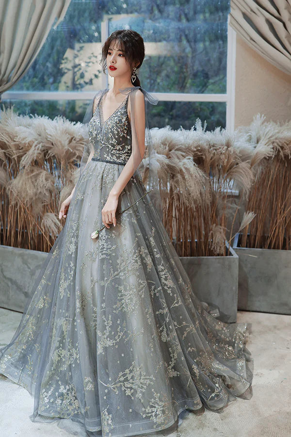 Gray V-Neck Tulle Long Prom Dress with Sequins A-Line Graduation Dress