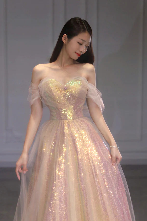 Shiny Tulle Long Prom Dress with Sequins Off the Shoulder Evening Dress