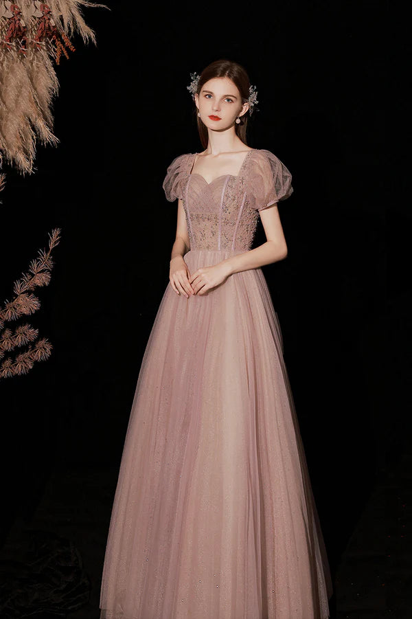 Pink Tulle Long A-Line Prom Dress with Beaded Cute Short Sleeve Evening Dress