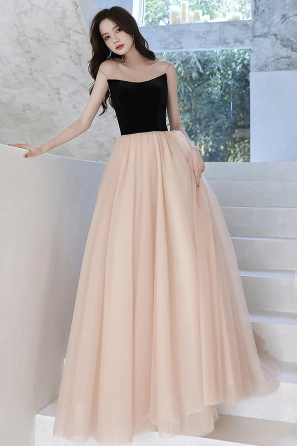 Elegant Tulle Long A-Line Prom Dress Champagne Scoop Neckline Evening Dress