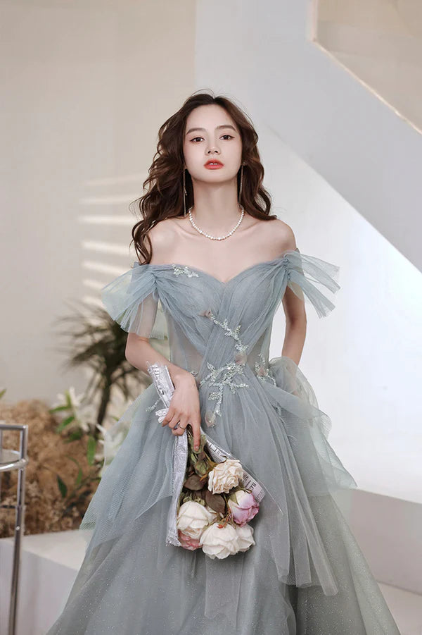 Gray Tulle Long A-Line Prom Dress Off the Shoulder Evening Party Dress