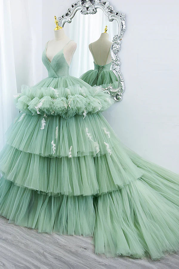 Green Tulle Long A-Line Prom Dress Green V-Neck Formal Evening Gown