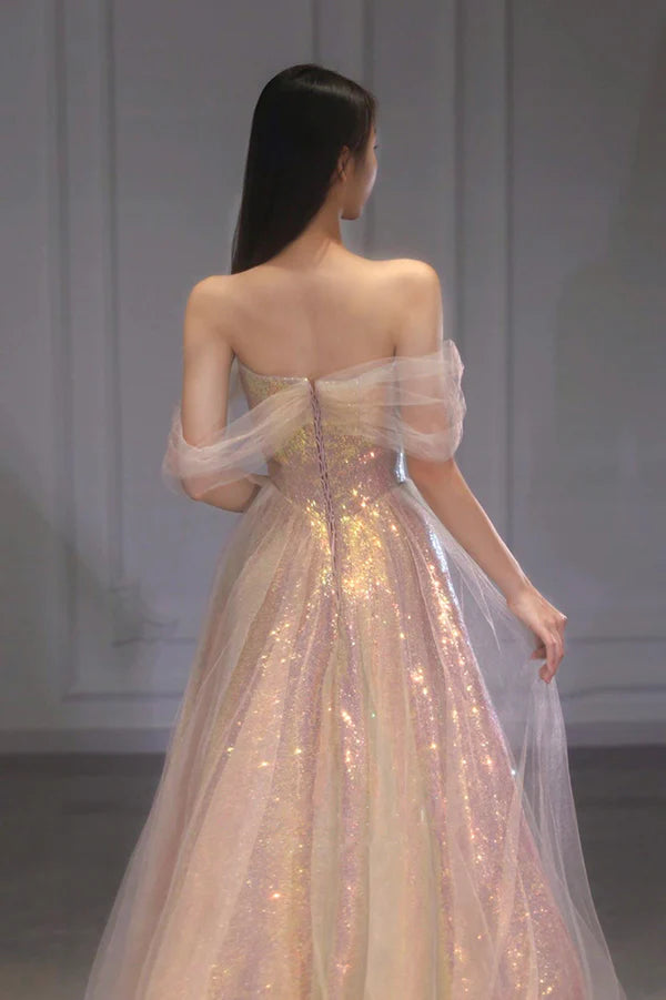 Shiny Tulle Long Prom Dress with Sequins Off the Shoulder Evening Dress