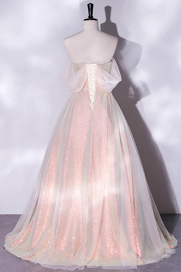 Champagne Sequins Long A-Line Prom Dress Off the Shoulder Evening Party Dress