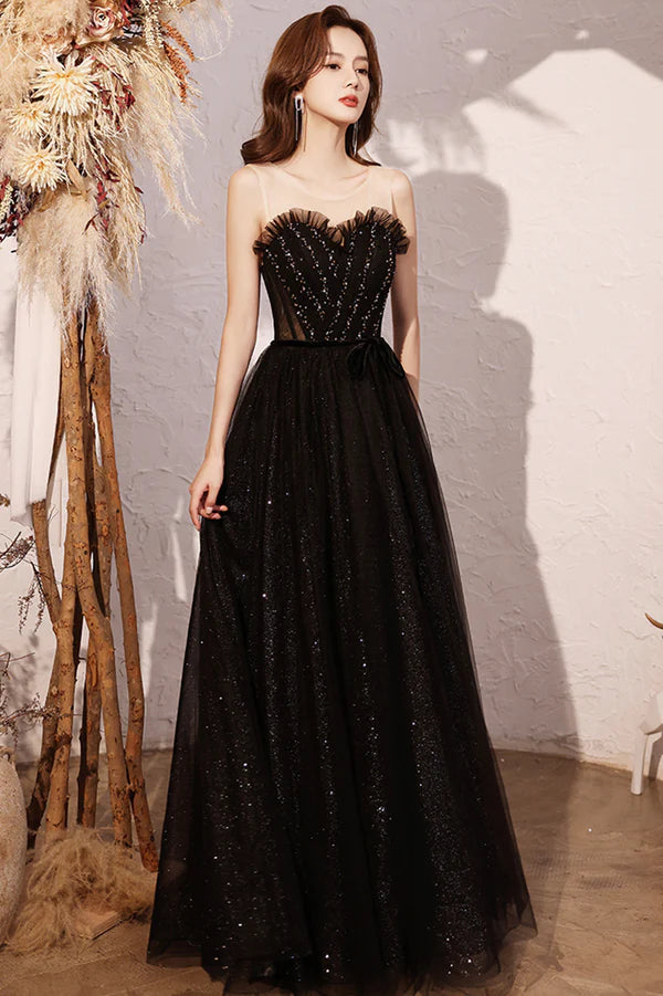 Black Scoop Neckline Tulle Long Prom Dress A-Line Evening Party Dress