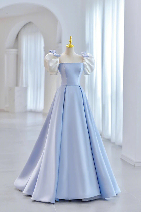 Blue Satin Long A-Line Prom Dress Lovely Short Sleeve Formal Evening Dress
