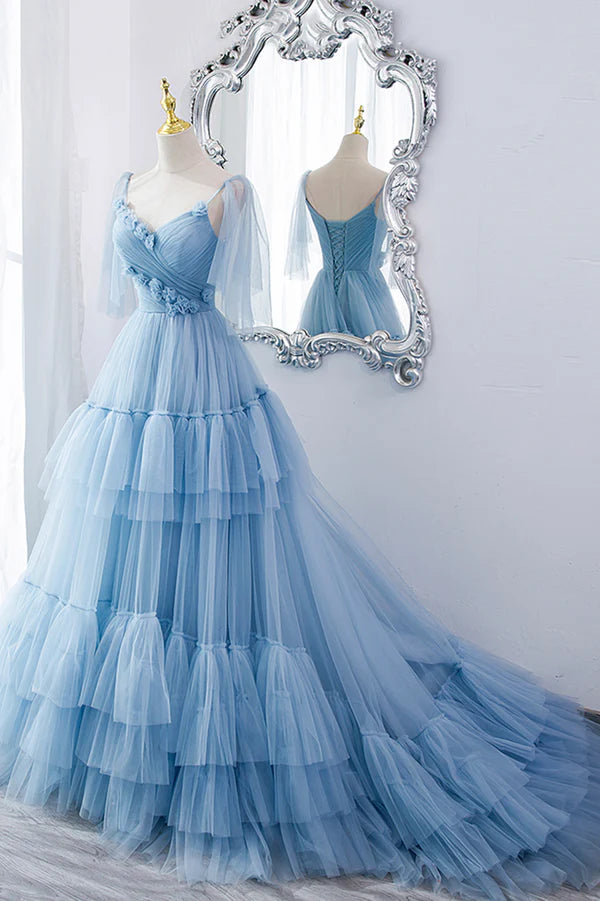 Blue V-Neck Tulle Long Prom Dress A-Line Evening Party Dress