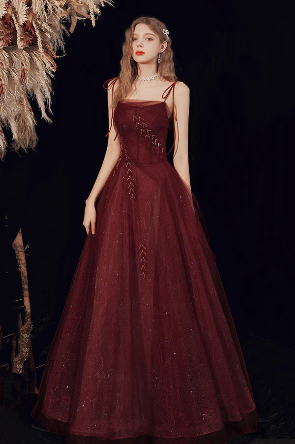 Burgundy A-Line Shiny Tulle Long Prom Dress Lovely Lace-Up Graduation Dress
