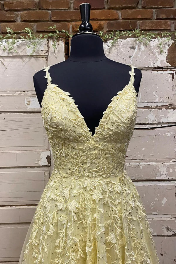 Yellow V-Neck Lace Long Prom Dress A-Line Spaghetti Straps Evening Dress