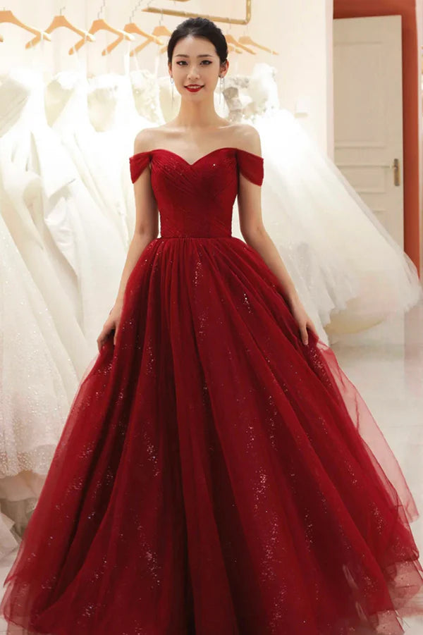 Burgundy Tulle Off the Shoulder Prom Dress A-Line Formal Evening Dress