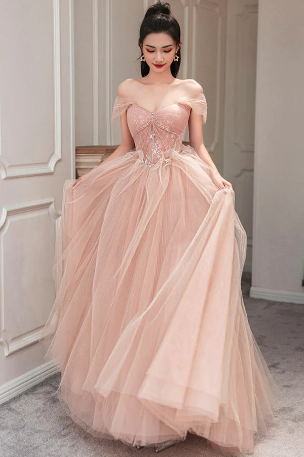 Pink Tulle Long A-Line Prom Dress Cute Off the Shoulder Graduation Dress