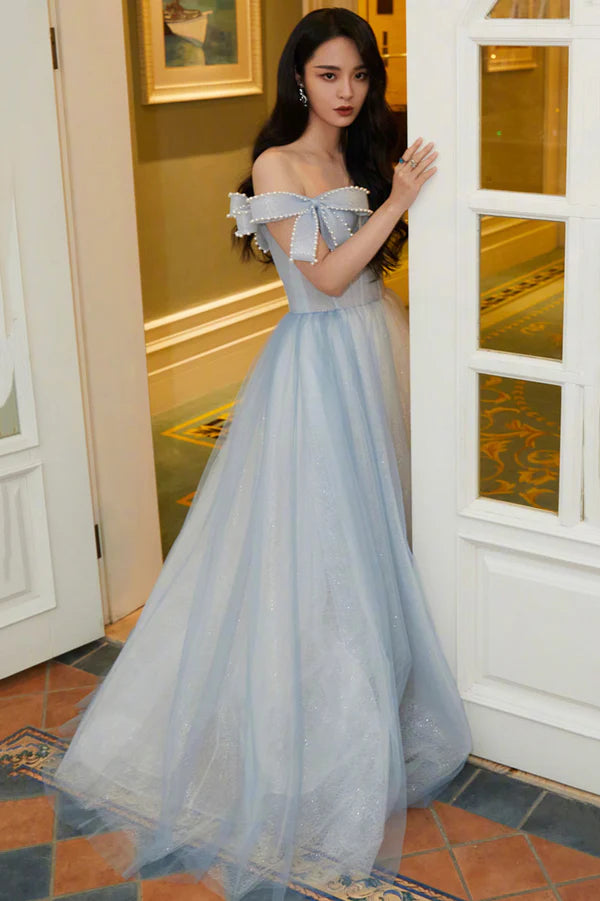 Lovely Bow Tulle Long Prom Dress A-Line Blue Evening Graduation Dress