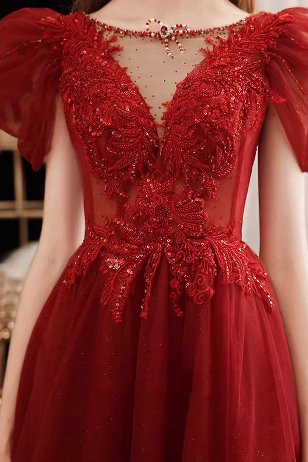 Burgundy Lace Long Prom Dress with Sequins Cute Puff Sleeve Graduation Dress