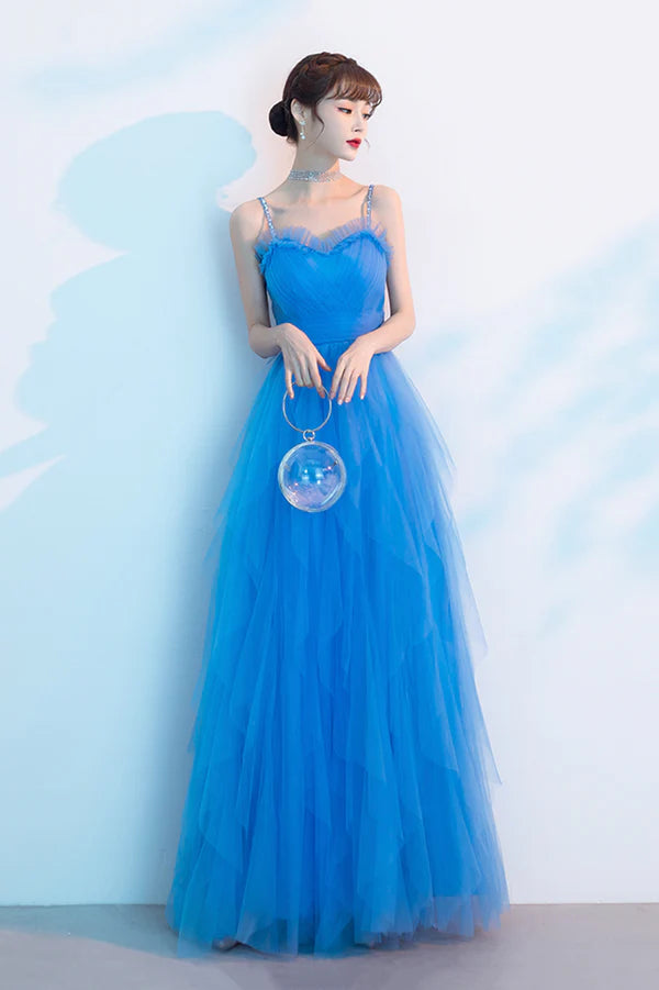 Blue Spaghetti Strap Tulle Long Prom Dress Cute Blue Evening Party Dress