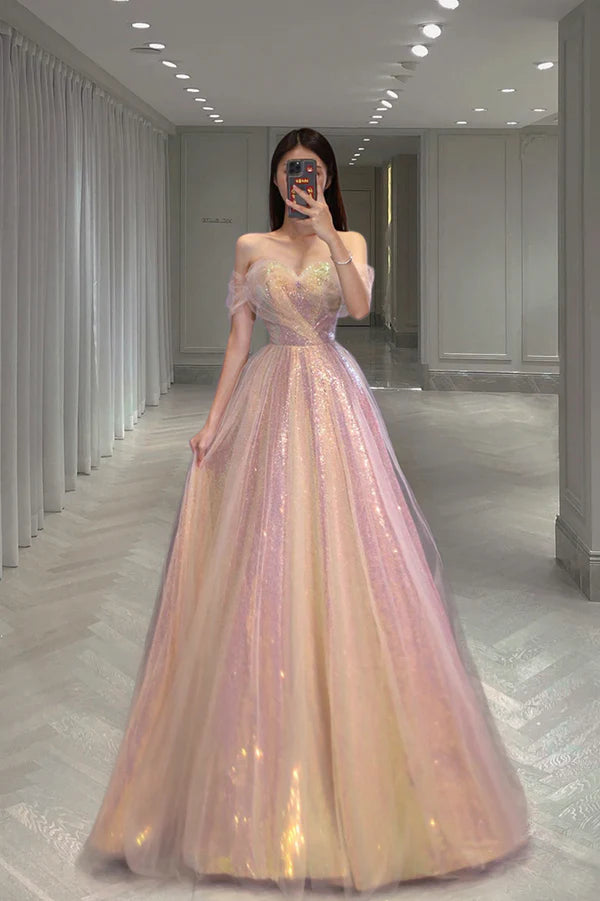 Shiny Tulle Long Prom Dress with Sequins Off the Shoulder Evening Dress