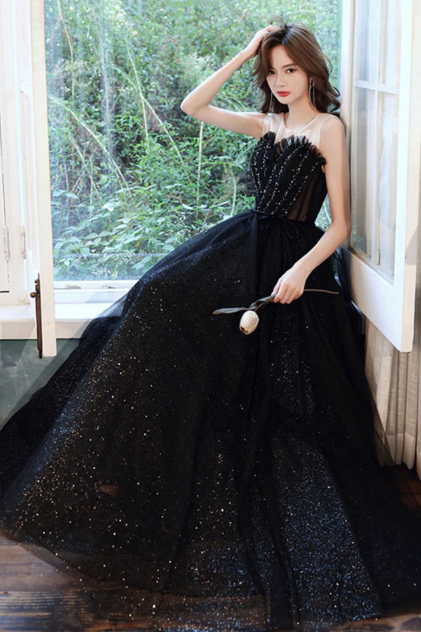 Black Scoop Neckline Tulle Long Prom Dress A-Line Evening Party Dress